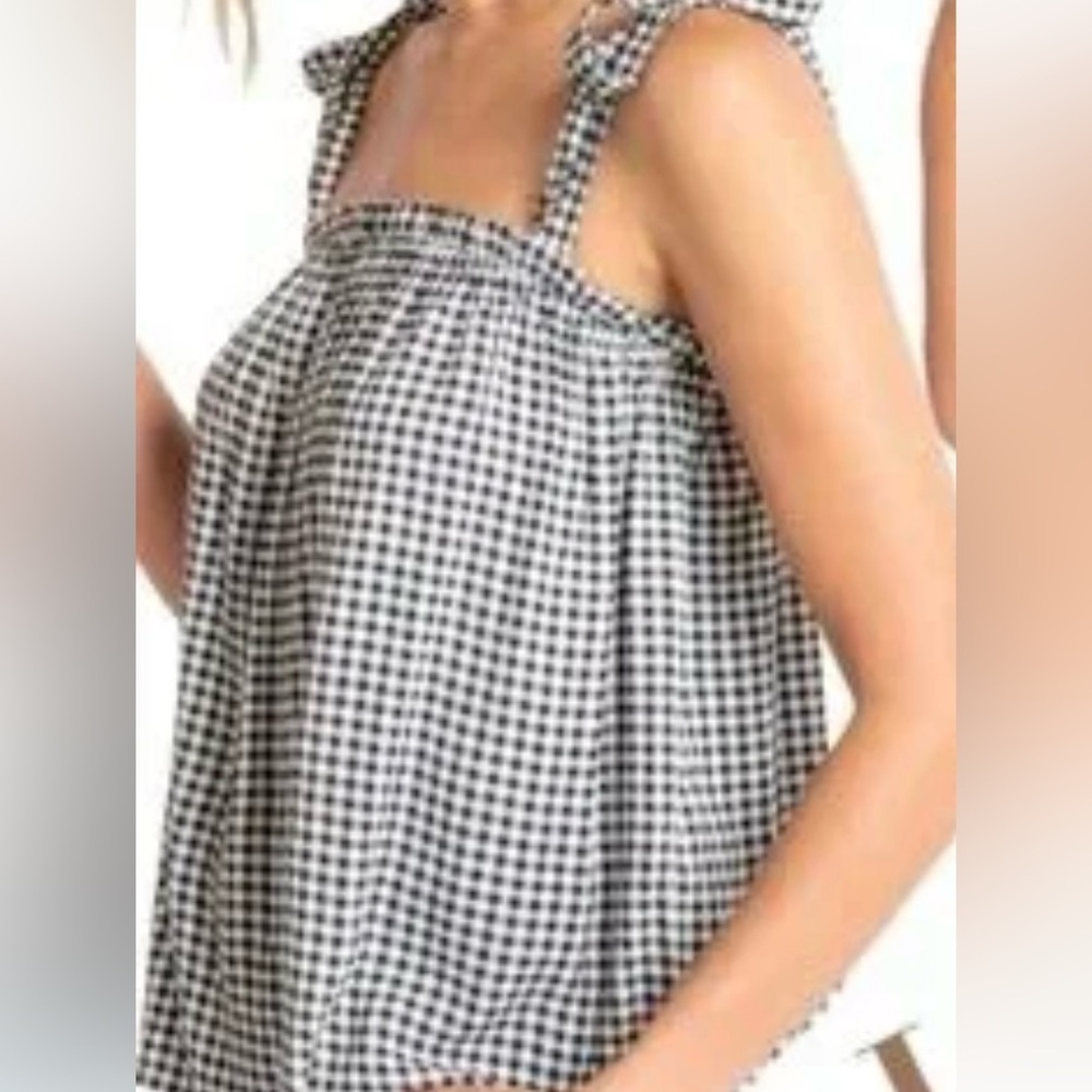 J Crew black white gingham check top tunic, tie straps, sz small Elastic smocked - Picture 2 of 7